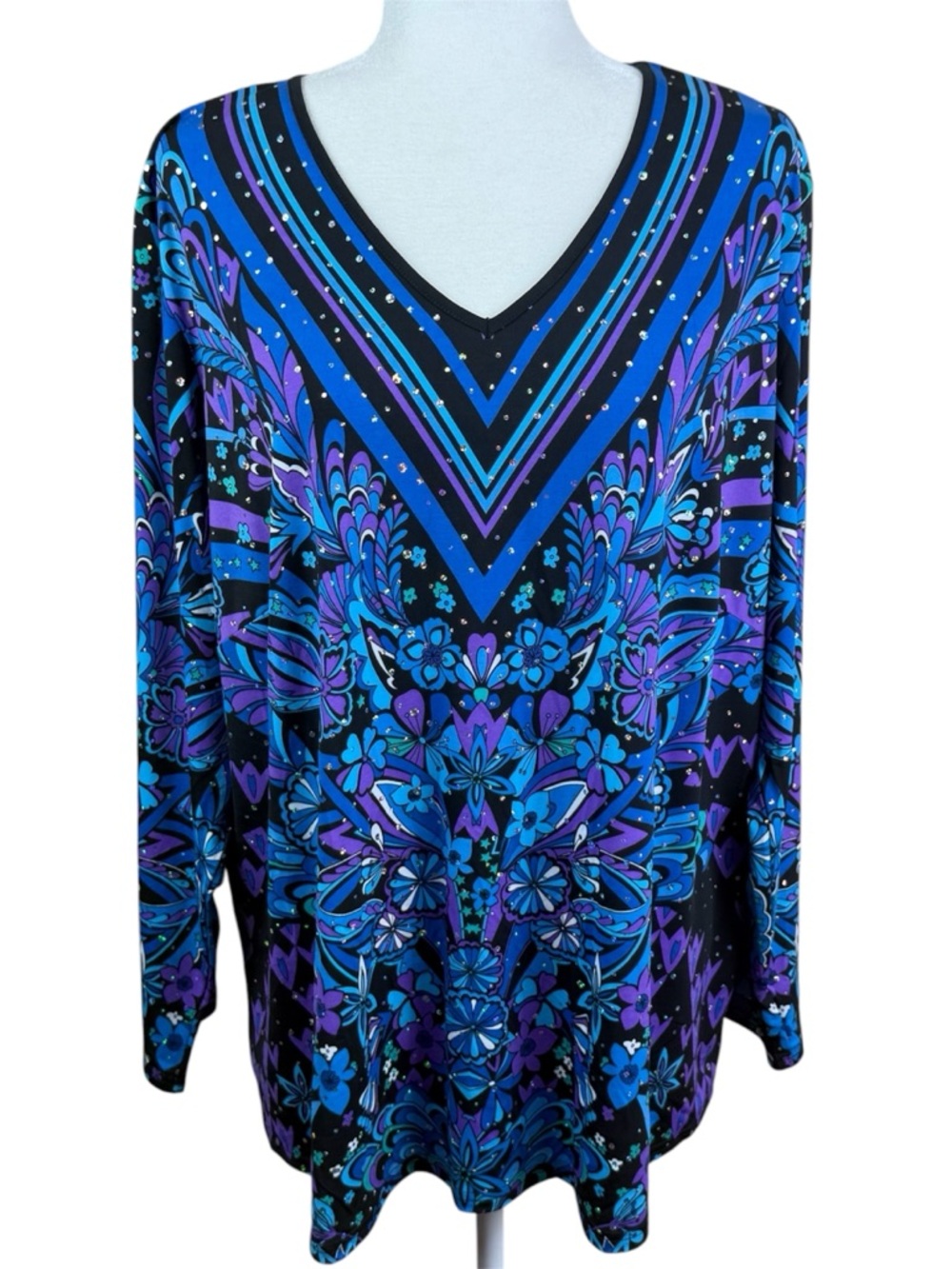 Bob Mackie Long Sleeve Blouse 2X Purple Black Rhinestone